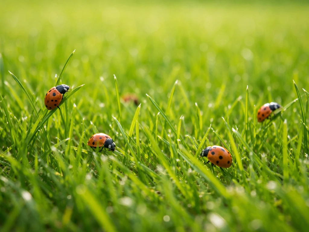Pelouse verte en gros plan avec quelques coccinelles orange et noires posées sur l’herbe
