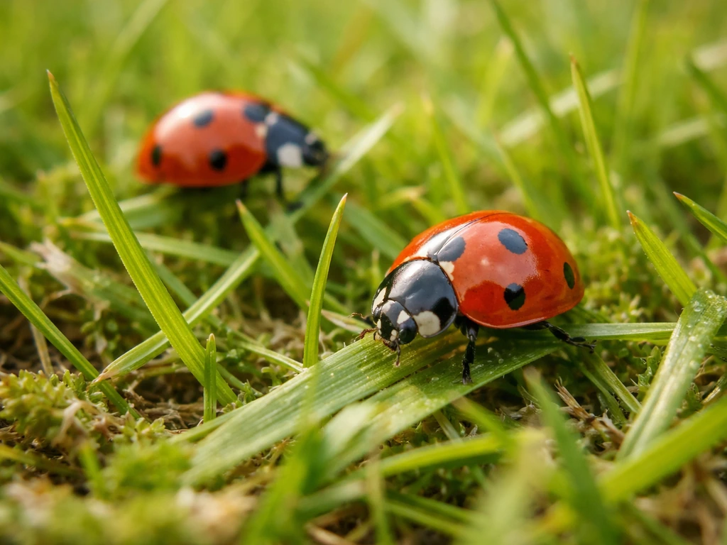 Coccinelles à 7 points posées sur de l’herbe verte d’une pelouse, vue rapprochée et naturelle.