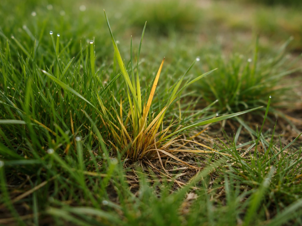 Gros plan d’une pelouse : brin d’herbe jauni près du sol, contraste avec l’herbe verte autour.