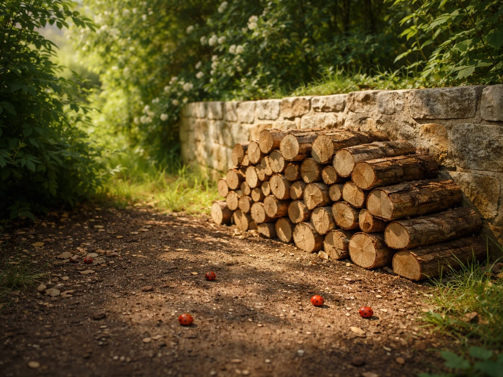 Quelques coccinelles près d’une pile de bois et d’un muret en pierre dans un jardin, lumière naturelle.