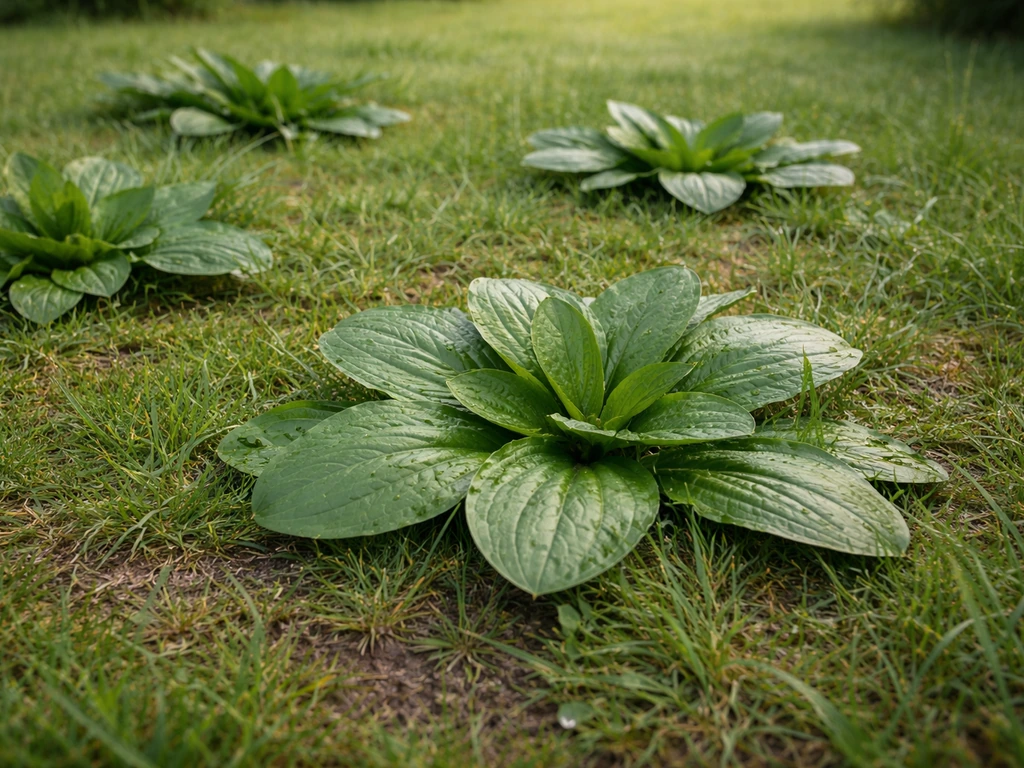 Pelouse française avec rosettes de plantain bien visibles, feuilles larges, sol légèrement humide.