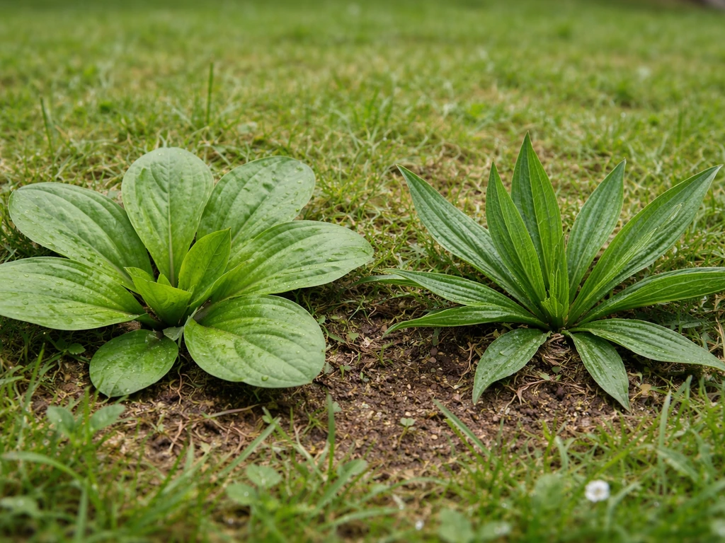 Deux rosettes de plantain dans une pelouse : larges feuilles et feuilles lancéolées, bien nettes.