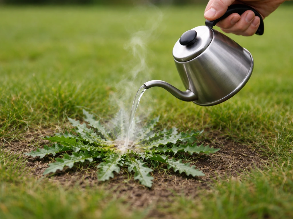 Main anonyme versant de l’eau bouillante sur une rosette de mauvaises herbes, vapeur visible, pelouse floue.