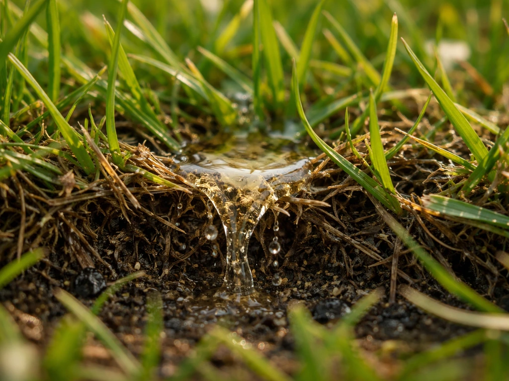 Gros plan d’un gazon où un liquide clair s’infiltre entre les brins et dans le feutrage, montrant l’imprégnation.