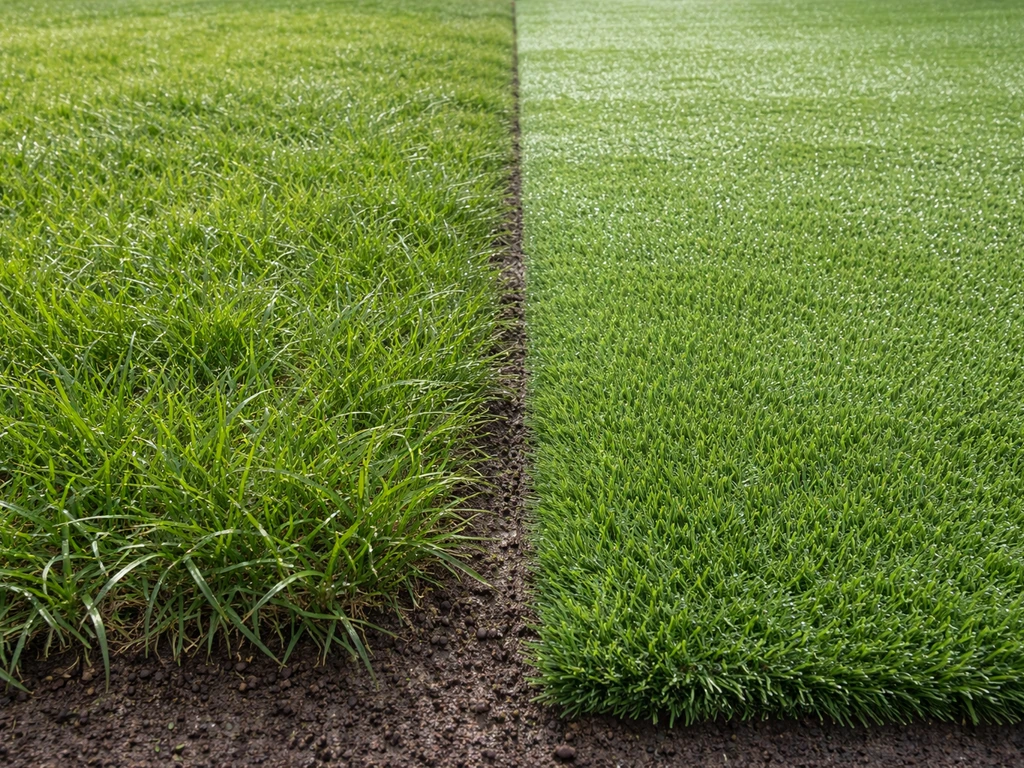 Deux petites zones côte à côte : gazon naturel humide et faux gazon synthétique, différence d’aspect et d’infiltration.