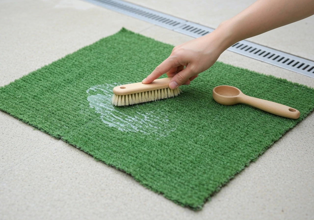 Faux gazon près d’un arrosoir, une brosse légère et un sol drainé pour illustrer la prévention