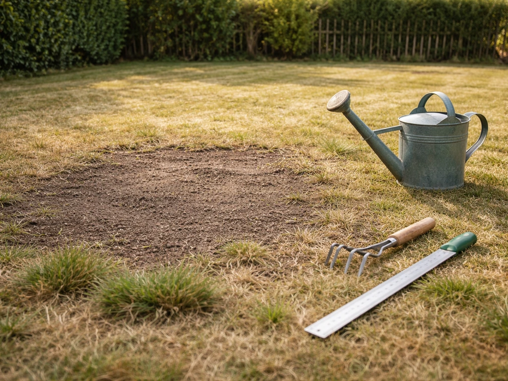 Pelouse jaunie et clairsemée avec une zone qui ne repousse plus, outils de jardin posés près du sol