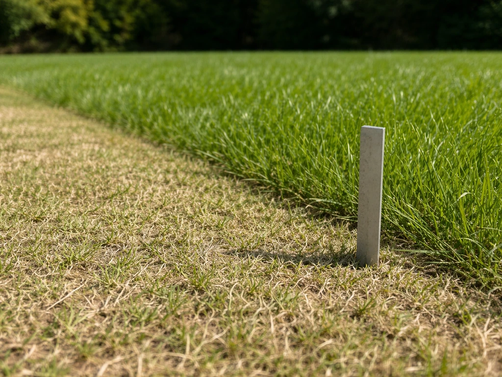 Gazon tondu trop court comparé à une zone plus haute, une jauge au sol suggère la hauteur de coupe.
