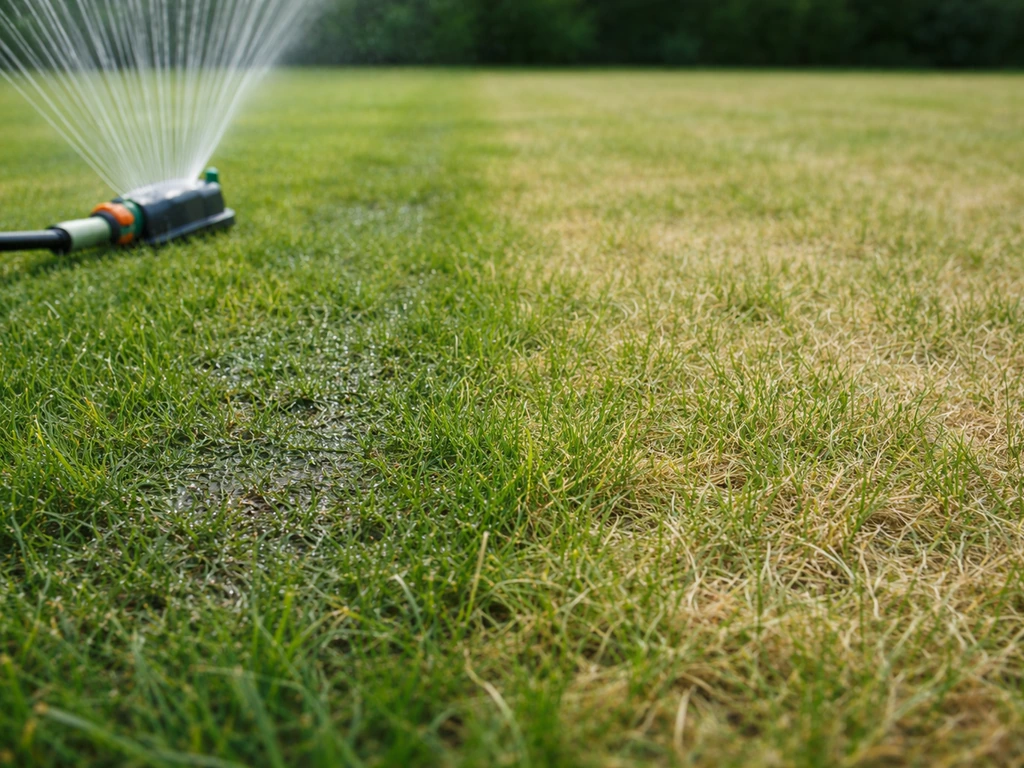 Arroseur humidifiant une bande de gazon en surface, le reste de la pelouse restant sèche et terne.