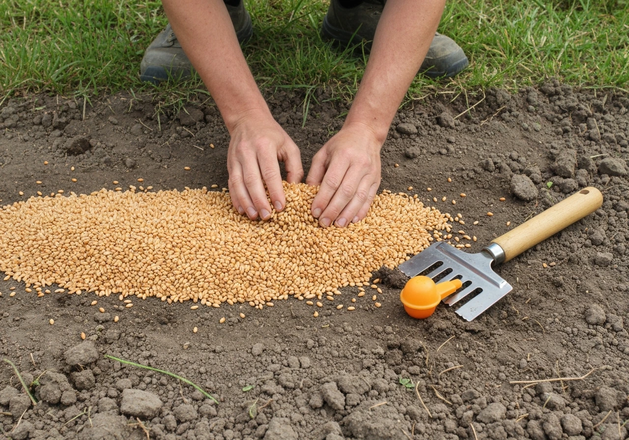 Main répandant des graines de gazon sur une pelouse fraîchement griffée, avec un arrosoir et un râteau en arrière-plan.