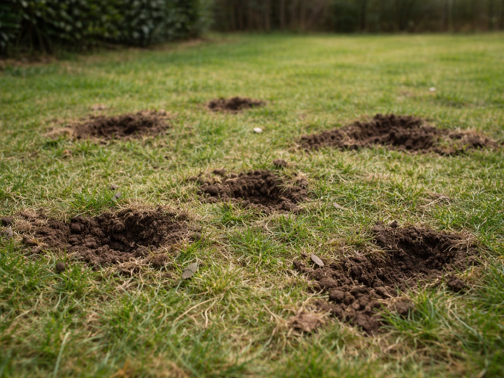 Pelouse avec plusieurs trous, terre remuée et traces de griffures, vue proche et réaliste, sans chien identifiable.