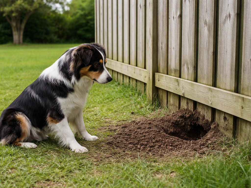 Chien en plein jardin près d’une clôture, observant un trou de creusement au même endroit