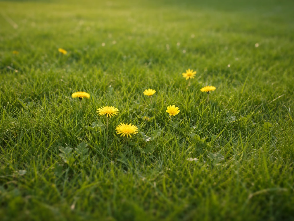 Pelouse française avec quelques fleurs jaunes (pissenlit/bouton d’or) qui émergent, ambiance jardin naturelle.