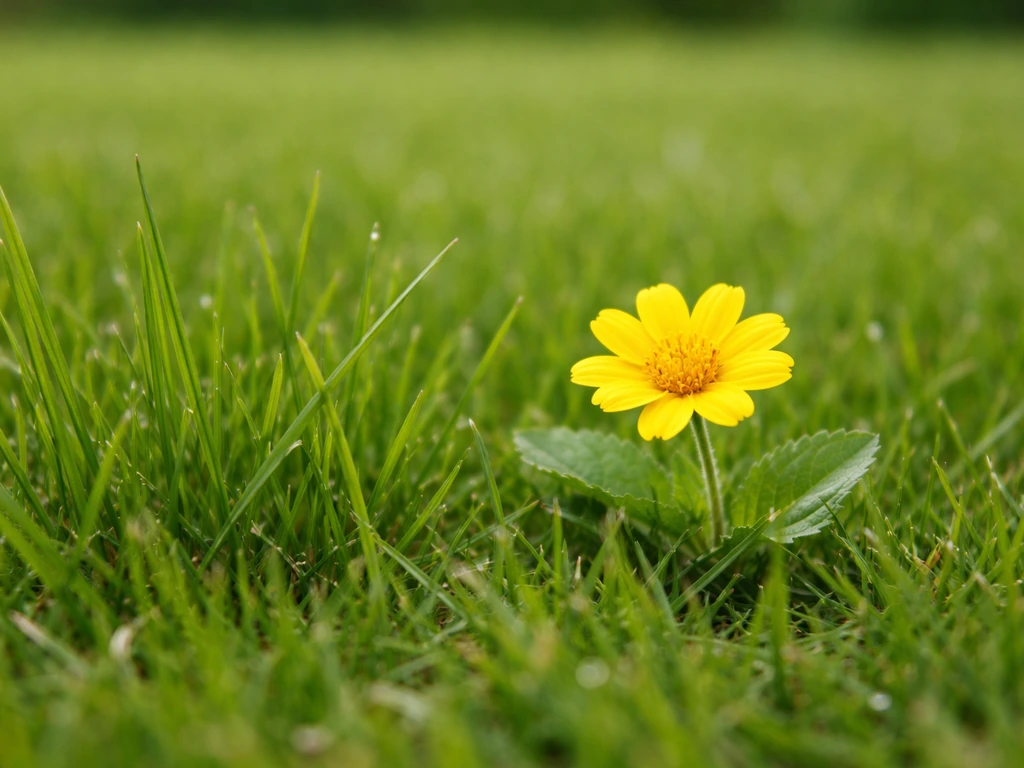 Gros plan : petite fleur jaune au milieu d’un brin de gazon vert intact, pour comparer mauvaise herbe et gazon souffrant