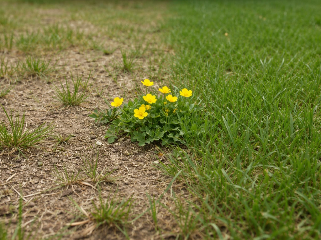 Pelouse clairsemée avec zones dénudées et petites fleurs jaunes de bouton d’or au centre.