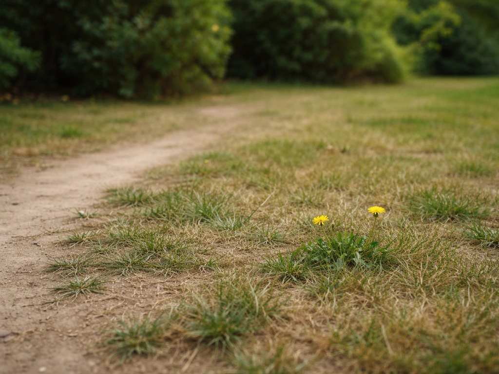 Gazon clairsemé près d’un chemin piétiné, sol plus dur avec quelques plantes jaunes, lumière naturelle.