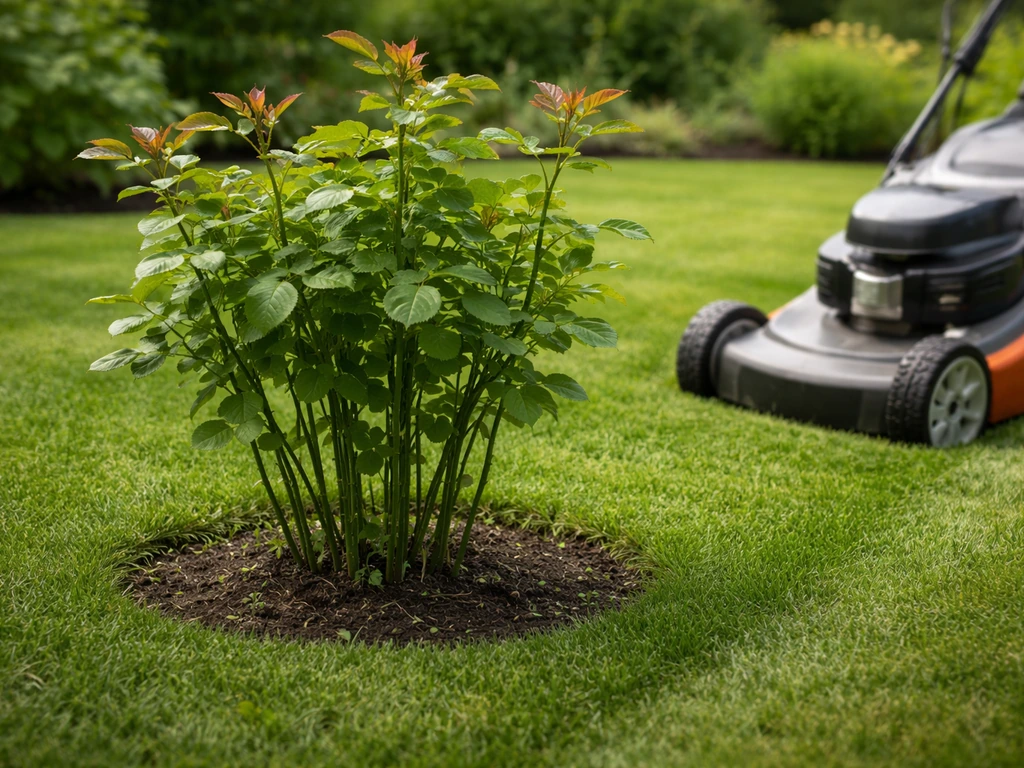 Rosier au jardin, tonte au pied avec une tondeuse réglée pour éviter les tiges, zone propre et nette.