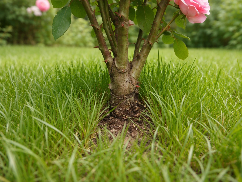 Rosier au premier plan, gazon dense au pied : herbe qui concurrence au ras du collet, jardin réaliste.