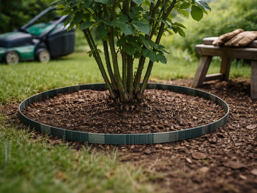 Rosier dans un jardin, tonte et bordure au sol, ruban au pied indiquant une zone à plus de 30 cm.