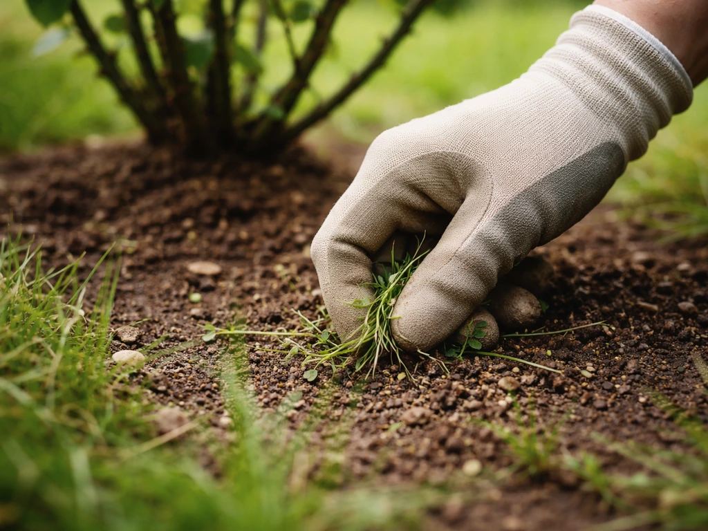 Main gantée arrachant délicatement quelques herbes au ras du sol près du pied d’un rosier.