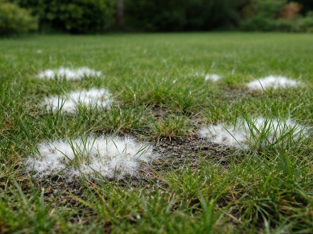 Pelouse de jardin avec plusieurs taches blanches de champignons au ras de l’herbe.