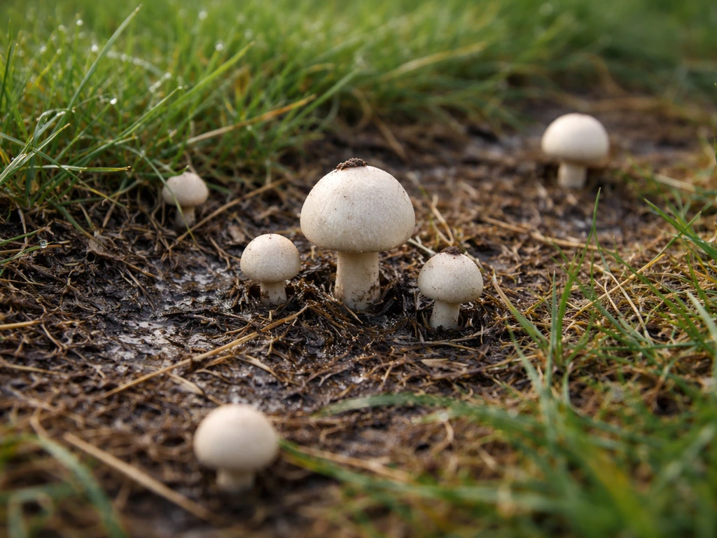 Gros plan sur une pelouse humide avec de jeunes champignons blancs sortant du sol et du chaume.