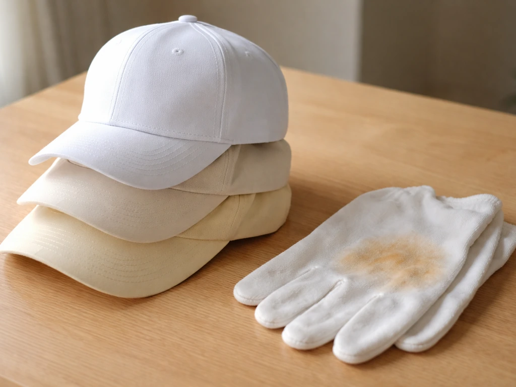 Chapeaux blancs de nuances différentes sur table, avec trace de frottement jaunâtre sur un tissu