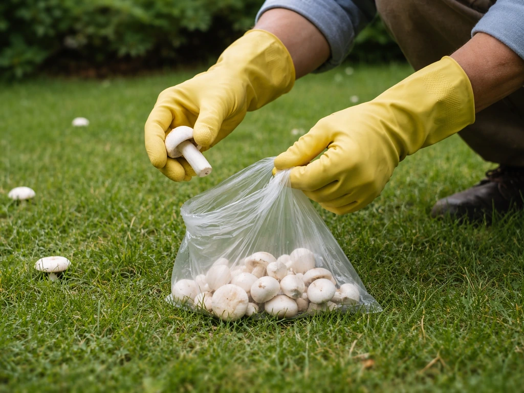 Mains gantées ramassant des champignons blancs dans la pelouse et les déposant dans un sac.