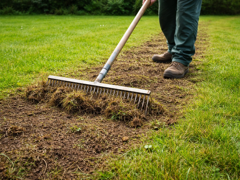 Râteau scarificateur sur pelouse, chaume feutré retiré, jardinier anonyme en action près du sol.