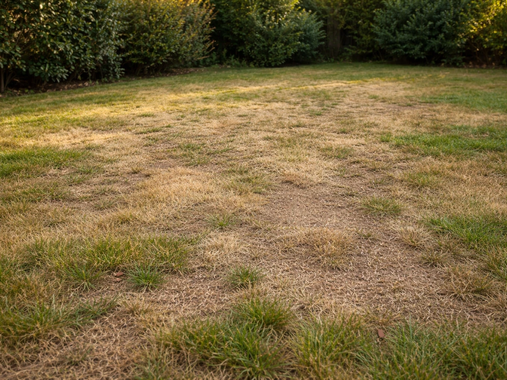 Pelouse jaunie et clairsemée avec zones nues, taches et brins irréguliers dans un jardin français.
