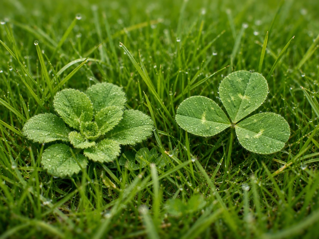 Gros plan sur des feuilles de mauvaises herbes en rosette et à trois lobes au milieu d’un gazon vert