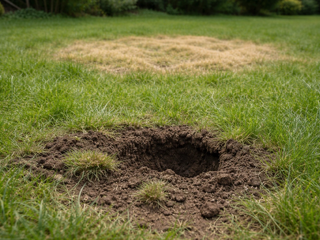 Pelouse avec deux trous distincts : terre retournée près d’un trou et une zone circulaire altérée plus loin.