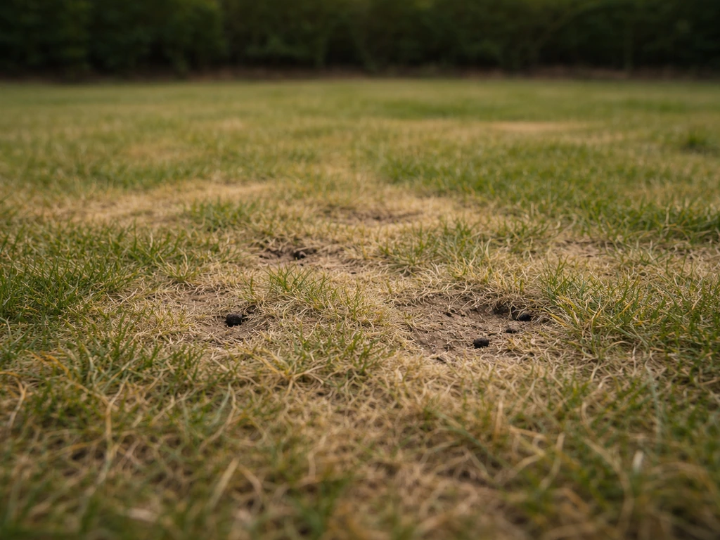 Pelouse française abîmée, plaques jaunies et zones clairsemées évoquant des insectes nuisibles du sol.