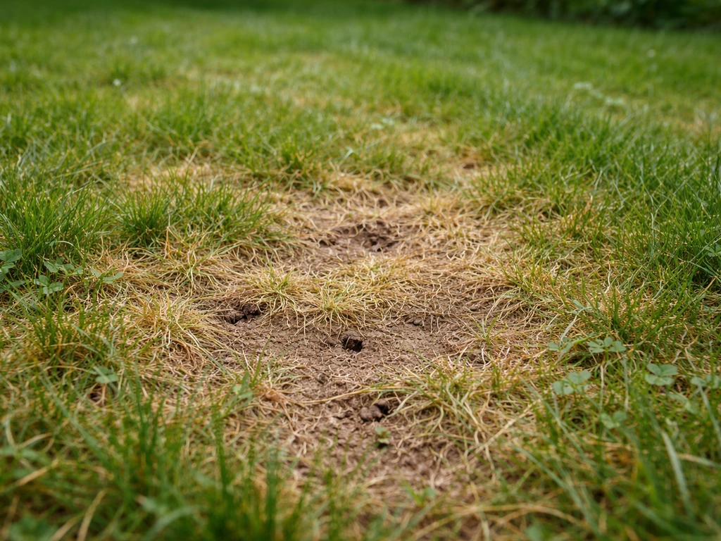 Gros plan d’une pelouse avec plaques jaunies irrégulières et herbe clairsemée, signes de dégâts localisés.