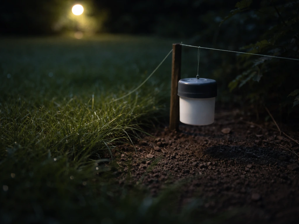 Piège à phéromones discret près d’une pelouse la nuit, avec éléments de mise en place visibles.