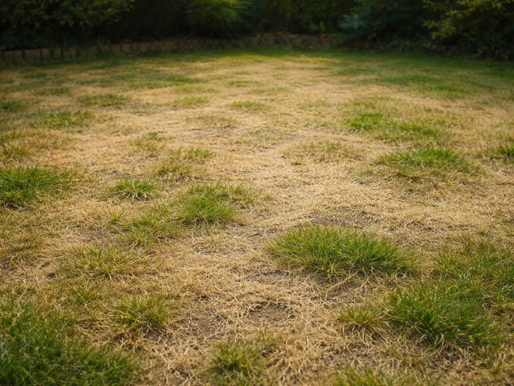 Pelouse de jardin française avec zones jaunies et quelques brins verts, vue d’ensemble réaliste