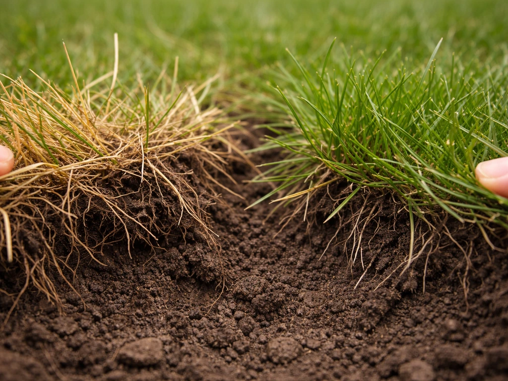 Gros plan de brins de pelouse : brins jaunes secs qui se détachent et brins verts plus résilients, racines visibles.