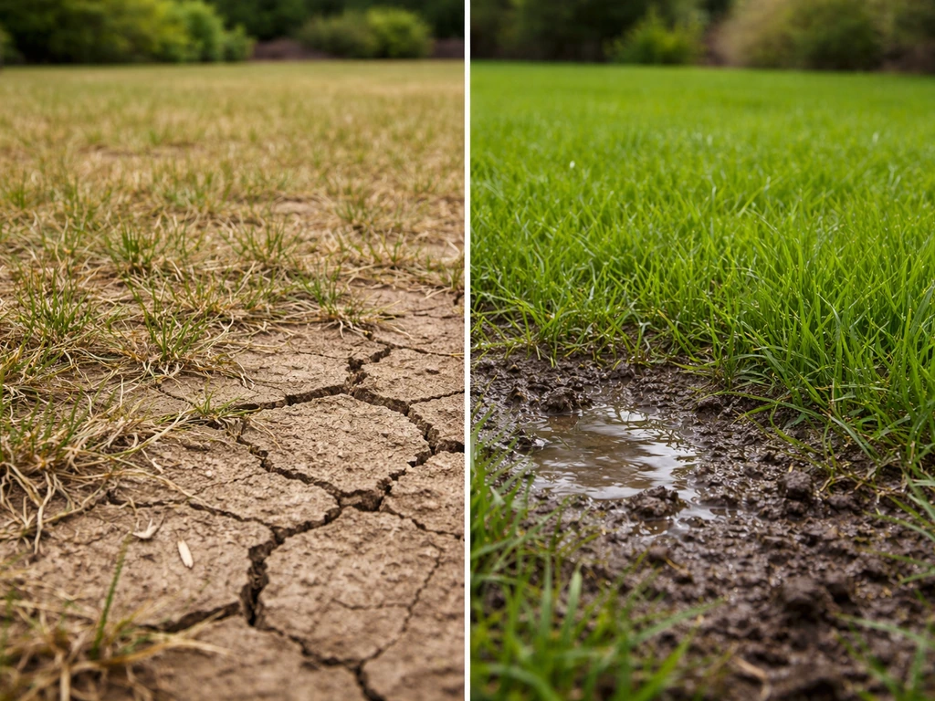 Comparaison sur gazon : à gauche sol sec fissuré, à droite zone détrempée avec flaque.