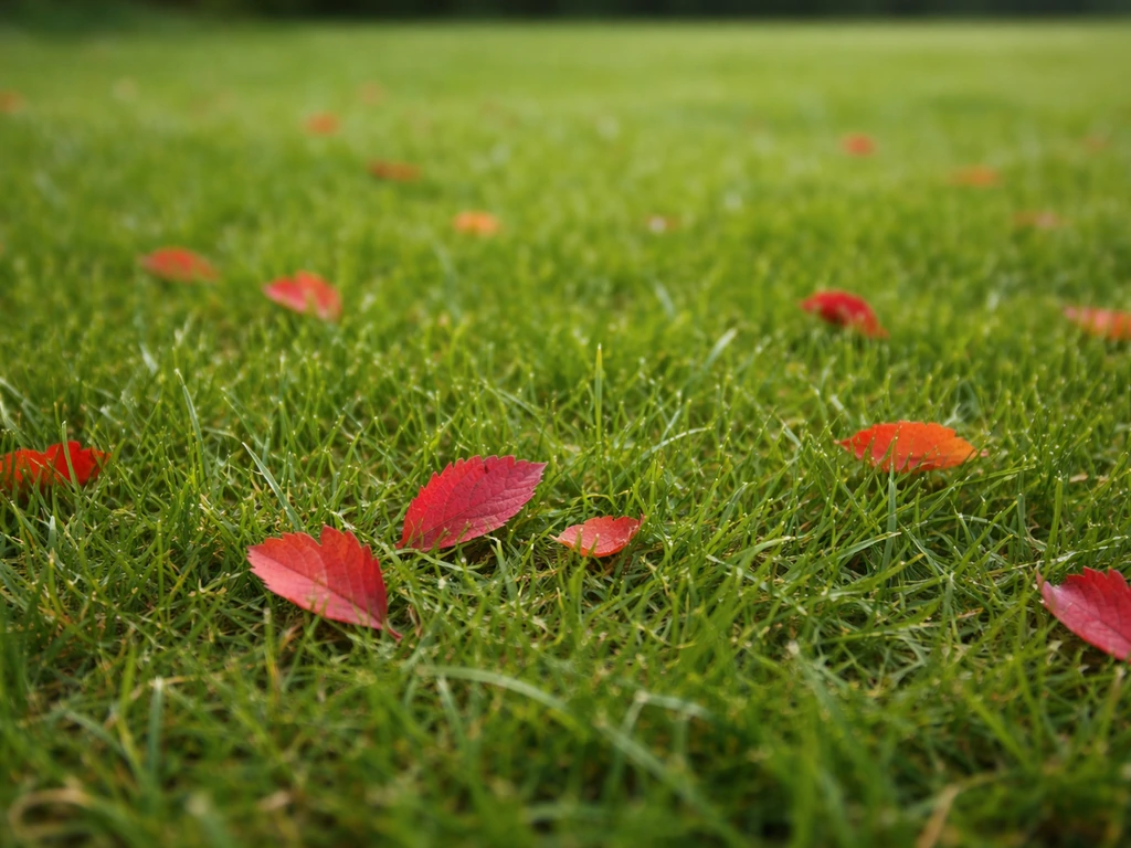Gros plan d’une pelouse avec touches rouges au milieu d’un gazon vert, illustrant l’herbe rouge