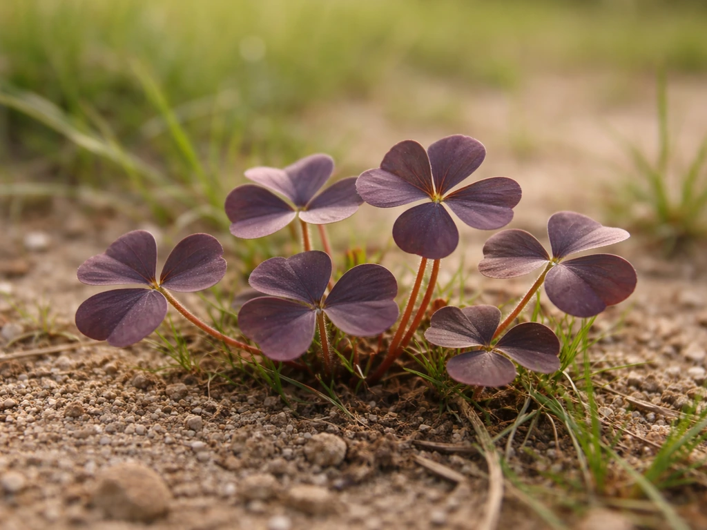 Oxalide corniculée pourpre aux feuilles en forme de cœur dans une pelouse, vue rapprochée et nette