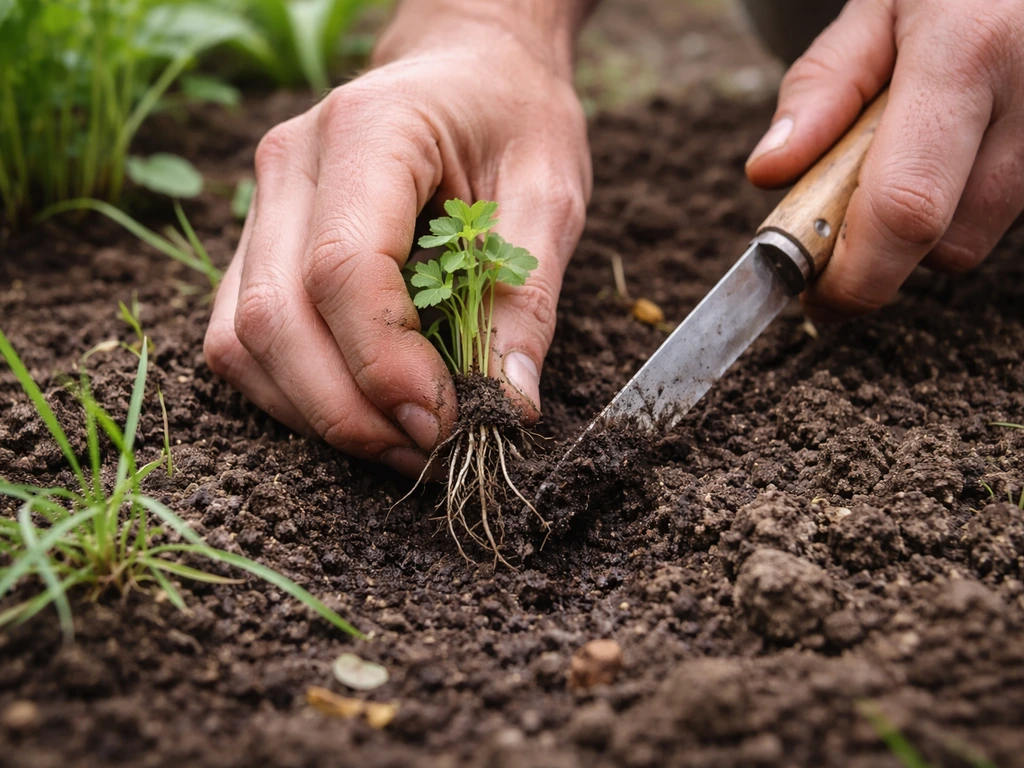 Désherbage manuel au pied d’un jardin potager, extraction d’une petite oseille avec la racine.