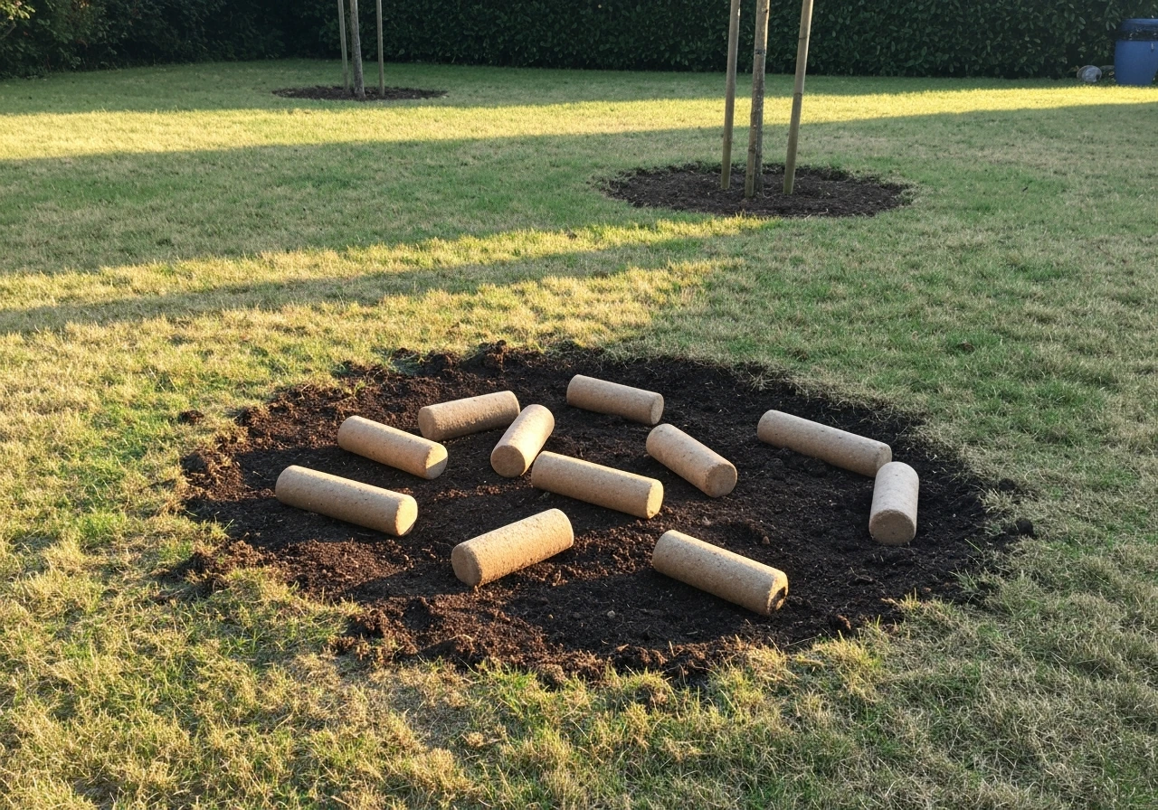 Pelouse jaunie et brûlée en zone localisée, avec brins couchés, vue au ras du sol dans un jardin.