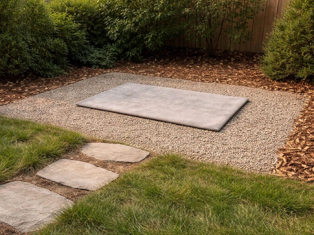 Coin du jardin aménagé pour un chien avec gravier fin et paillage, indiquant une zone de repos.