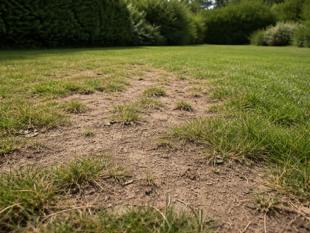 Pelouse irrégulière avec zones clairsemées en plaques, sol visible, herbe qui pousse de façon non uniforme.