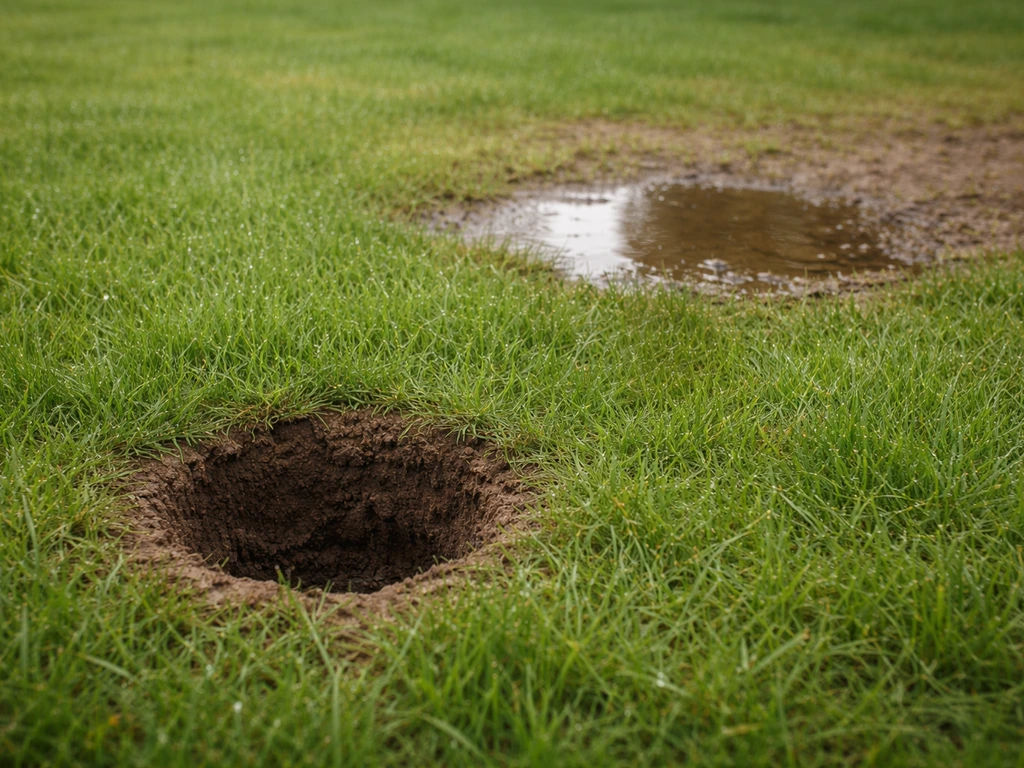 Pelouse avec un trou de test d’infiltration et un côté où l’eau stagne après la pluie.