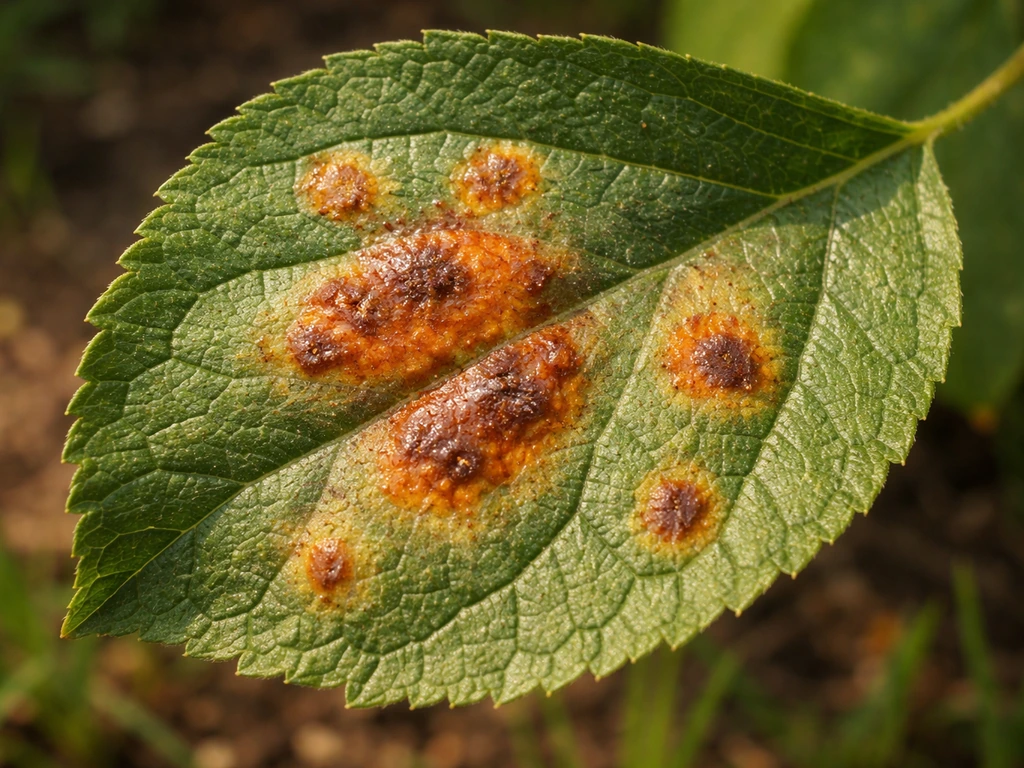 Gros plan sur une feuille avec taches brun-orangé typiques d’une possible maladie fongique.