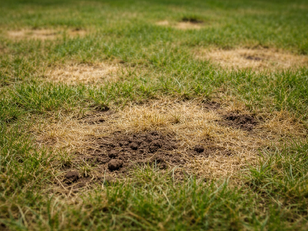 Pelouse avec plaques jaunies irrégulières et mottes de terre retournées au ras du sol.