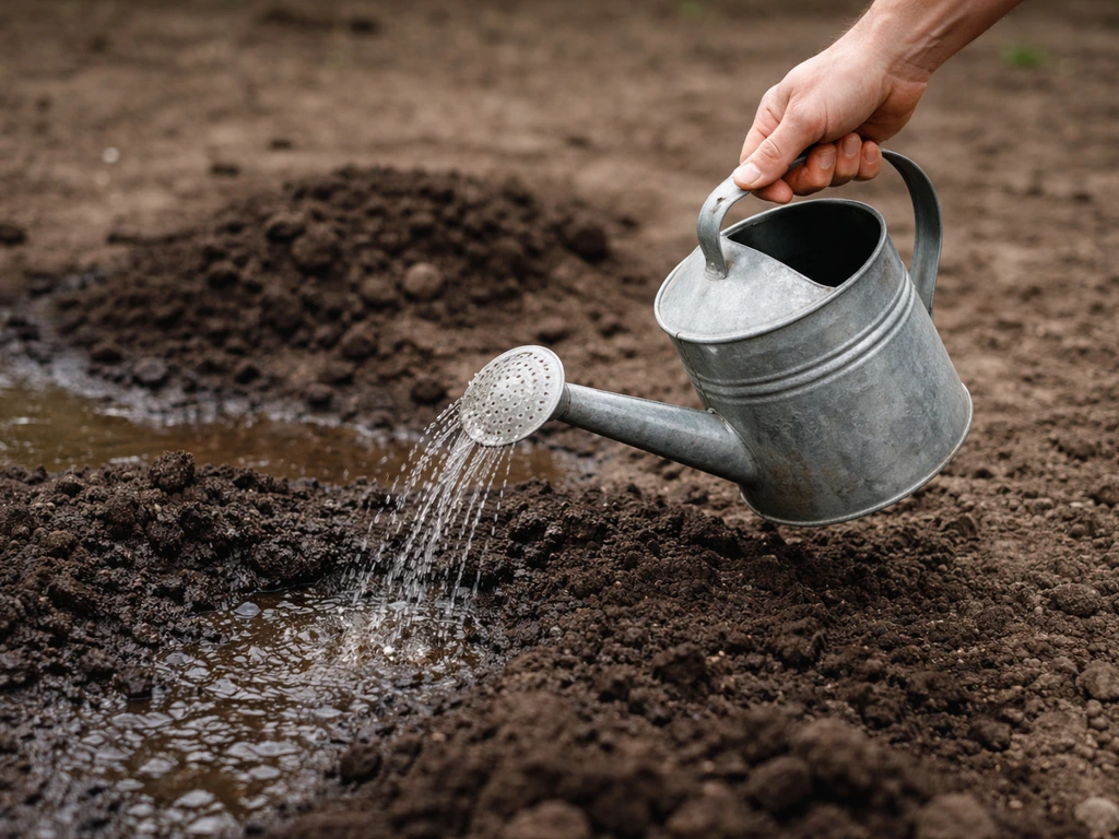 Gros plan sur l’arroseur versant sur un sol humide, illustrant l’application de nématodes au jardin.