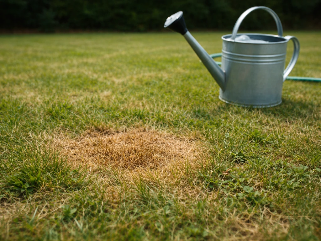 Pelouse jaunie et brûlée par l’urine de chien, avec un arrosoir prêt à arroser au premier plan.