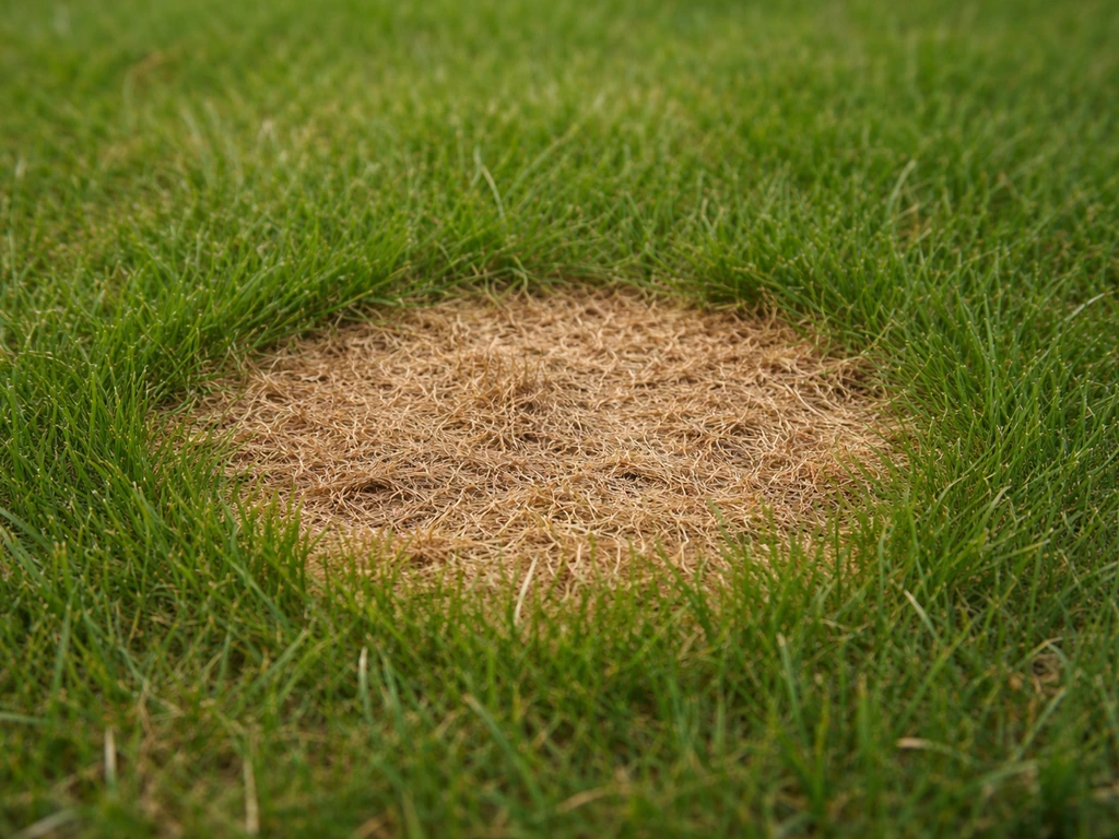 Gros plan sur une tache d’urine de chien brunâtre avec halo vert sur une pelouse.